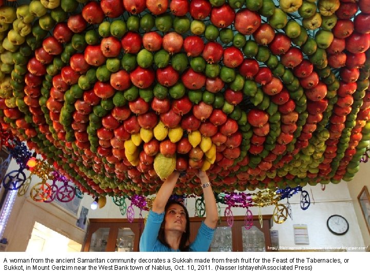 A woman from the ancient Samaritan community decorates a Sukkah made from fresh fruit