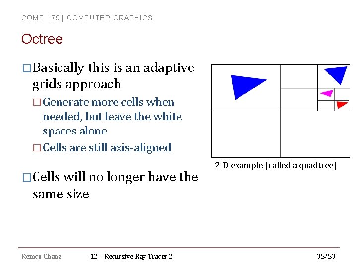 COMP 175 | COMPUTER GRAPHICS Octree �Basically this is an adaptive grids approach �
