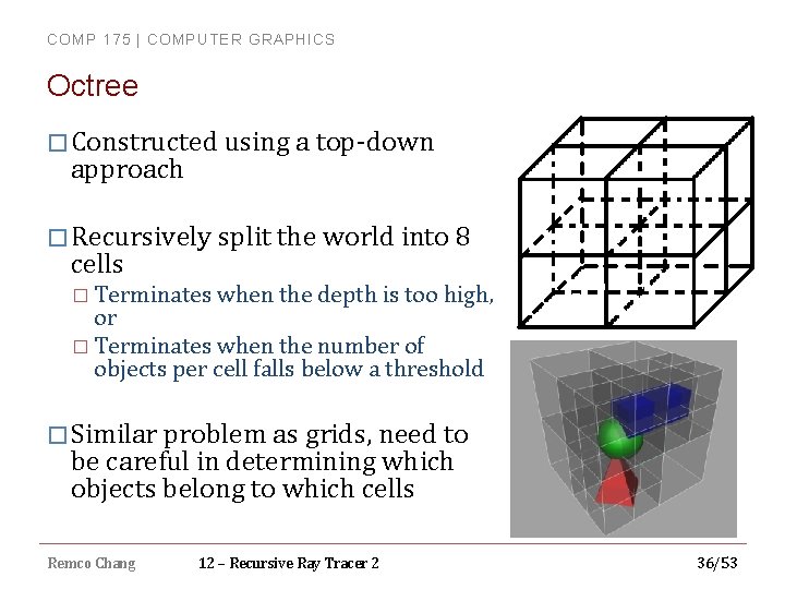 COMP 175 | COMPUTER GRAPHICS Octree � Constructed using a top-down approach � Recursively