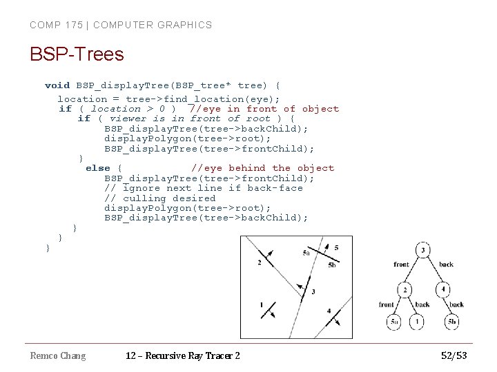 COMP 175 | COMPUTER GRAPHICS BSP-Trees void BSP_display. Tree(BSP_tree* tree) { location = tree->find_location(eye);