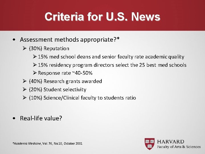 Criteria for U. S. News • Assessment methods appropriate? * Ø (30%) Reputation Ø