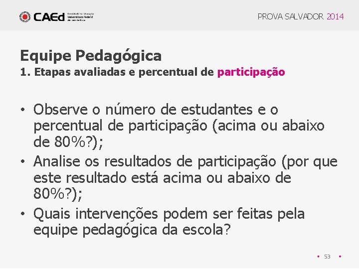 PROVA SALVADOR 2014 Equipe Pedagógica 1. Etapas avaliadas e percentual de participação • Observe