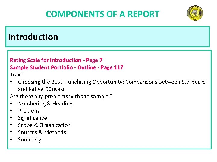 COMPONENTS OF A REPORT Introduction Rating Scale for Introduction - Page 7 Sample Student