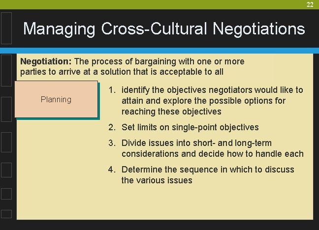 22 Managing Cross-Cultural Negotiations Negotiation: The process of bargaining with one or more parties