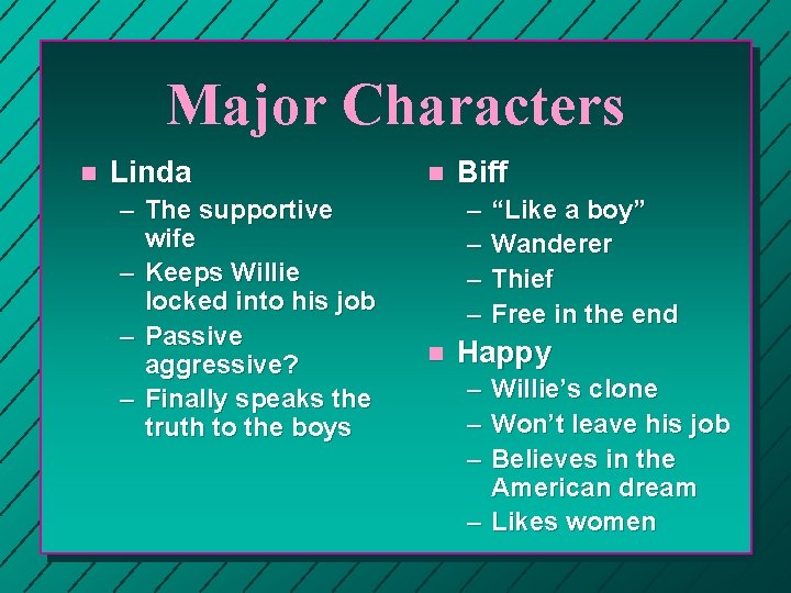 Major Characters n Linda – The supportive wife – Keeps Willie locked into his Major Characters n Linda – The supportive wife – Keeps Willie locked into his
