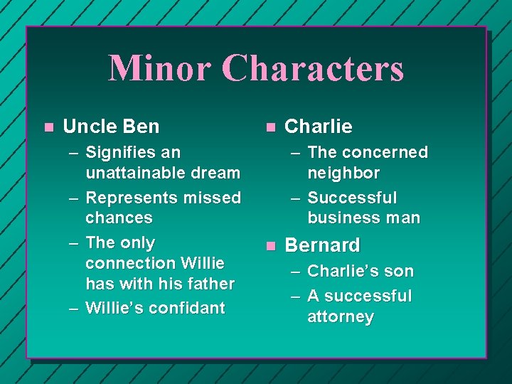 Minor Characters n Uncle Ben – Signifies an unattainable dream – Represents missed chances Minor Characters n Uncle Ben – Signifies an unattainable dream – Represents missed chances