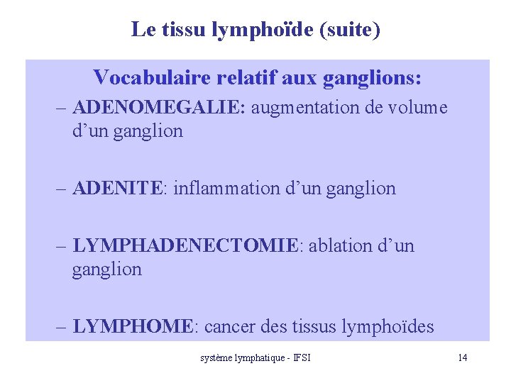 Le tissu lymphoïde (suite) Vocabulaire relatif aux ganglions: – ADENOMEGALIE: augmentation de volume d’un