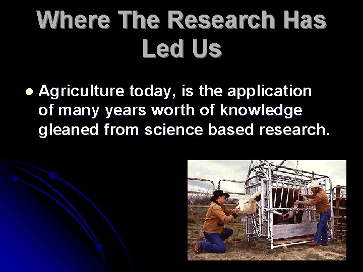 Where The Research Has Led Us l Agriculture today, is the application of many