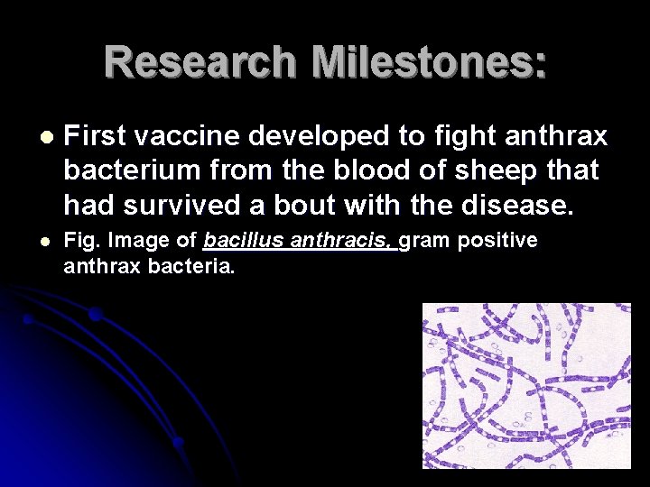 Research Milestones: l First vaccine developed to fight anthrax bacterium from the blood of