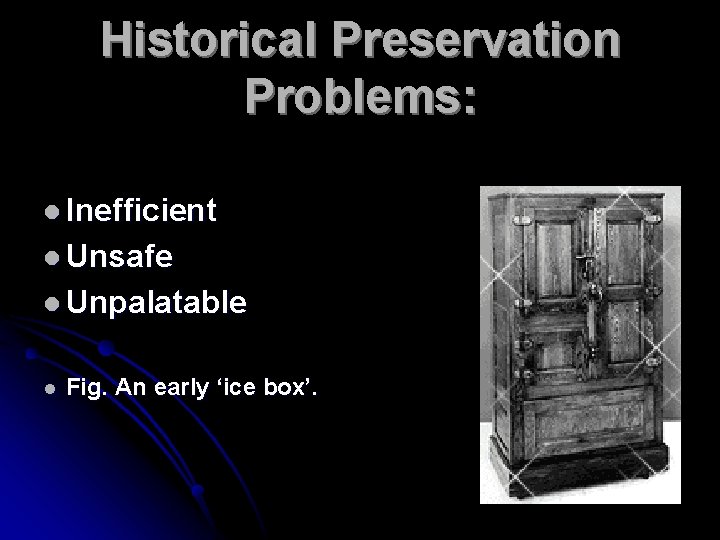 Historical Preservation Problems: l Inefficient l Unsafe l Unpalatable l Fig. An early ‘ice