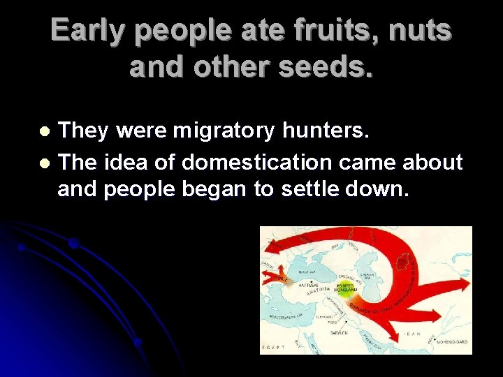 Early people ate fruits, nuts and other seeds. They were migratory hunters. l The