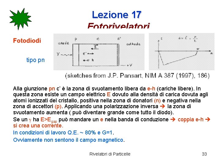 Lezione 17 Fotorivelatori Fotodiodi tipo pn Alla giunzione pn c’ è la zona di