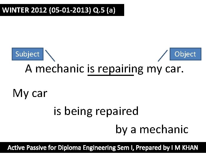 WINTER 2012 (05 -01 -2013) Q. 5 (a) Subject Object A mechanic is repairing