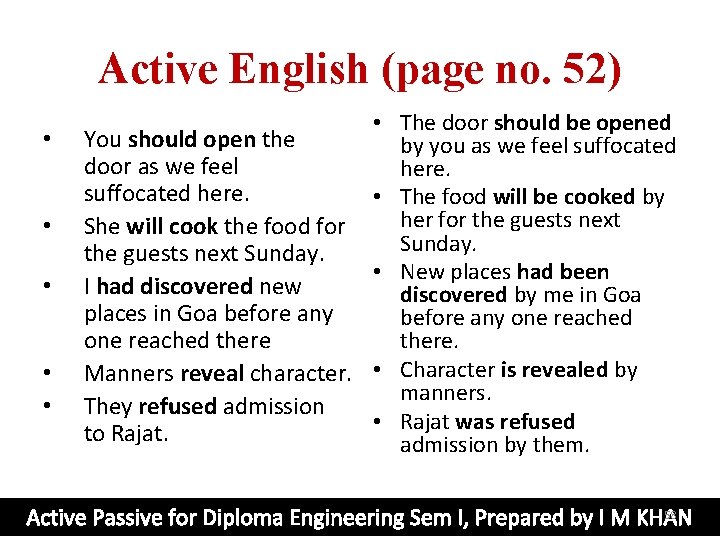 Active English (page no. 52) • • • The door should be opened You
