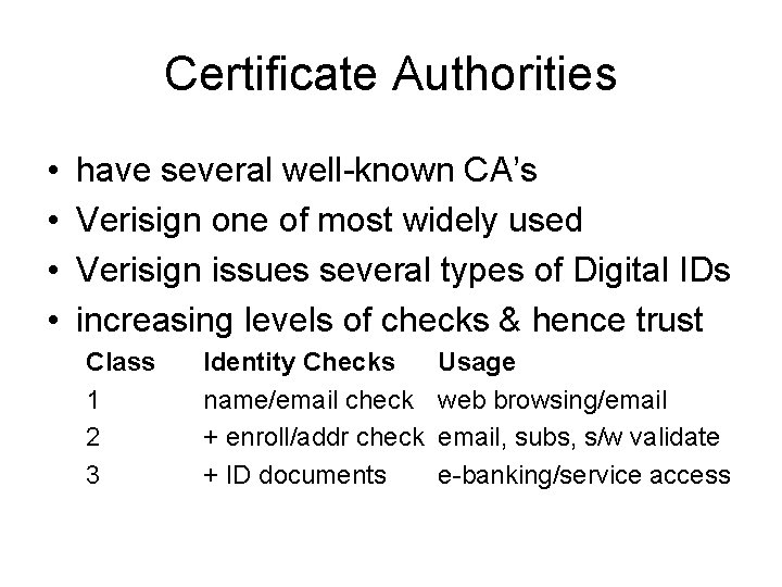Certificate Authorities • • have several well-known CA’s Verisign one of most widely used