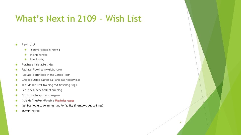 What’s Next in 2109 – Wish List Parking lot Improve signage in Parking Enlarge What’s Next in 2109 – Wish List Parking lot Improve signage in Parking Enlarge