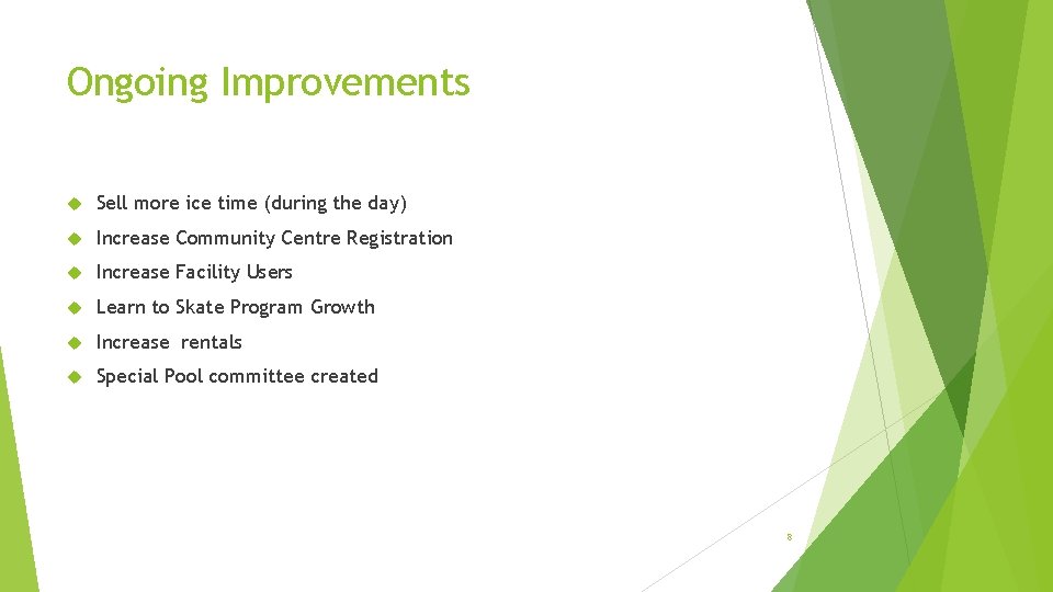 Ongoing Improvements Sell more ice time (during the day) Increase Community Centre Registration Increase Ongoing Improvements Sell more ice time (during the day) Increase Community Centre Registration Increase