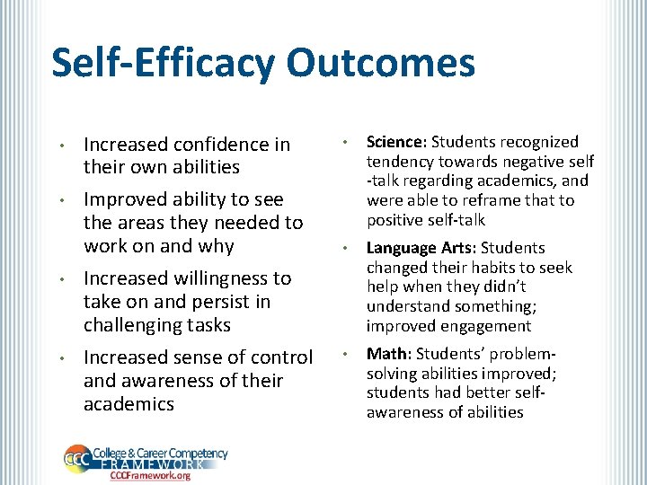 Self-Efficacy Outcomes • • Increased confidence in their own abilities Improved ability to see