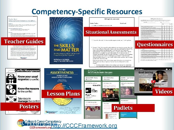 Competency-Specific Resources Situational Assessments Teacher Guides Questionnaires Videos Lesson Plans Posters Padlets http: //CCCFramework.