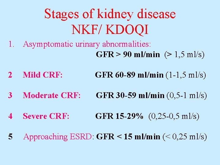 Stages of kidney disease NKF/ KDOQI 1. Asymptomatic urinary abnormalities: GFR > 90 ml/min