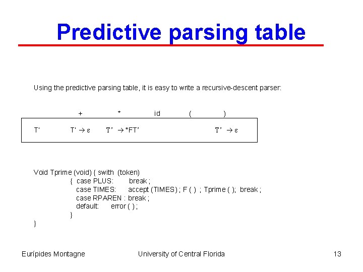 Predictive parsing table Using the predictive parsing table, it is easy to write a