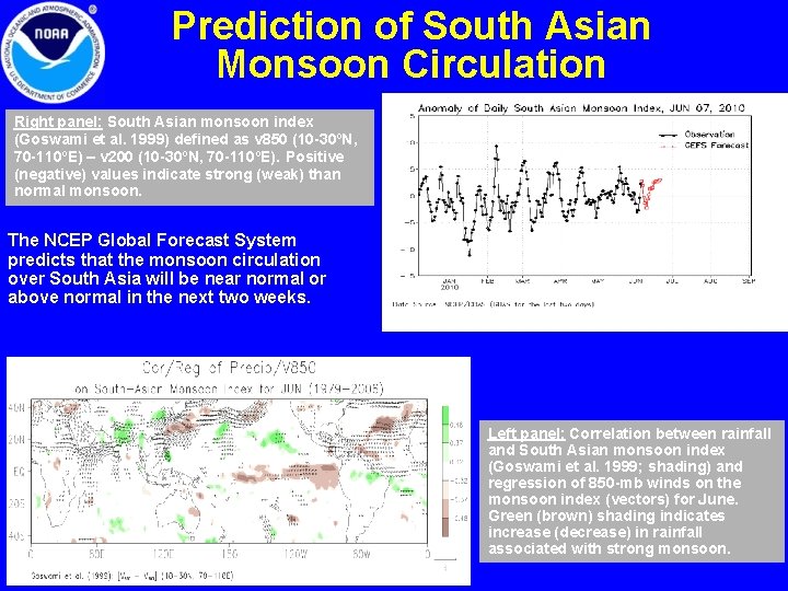 Prediction of South Asian Monsoon Circulation Right panel: South Asian monsoon index (Goswami et