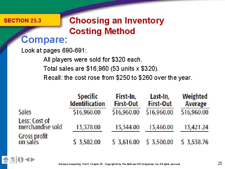 SECTION 25. 3 Compare: Choosing an Inventory Costing Method Look at pages 690 -691: