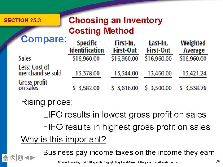 SECTION 25. 3 Compare: Choosing an Inventory Costing Method Rising prices: LIFO results in