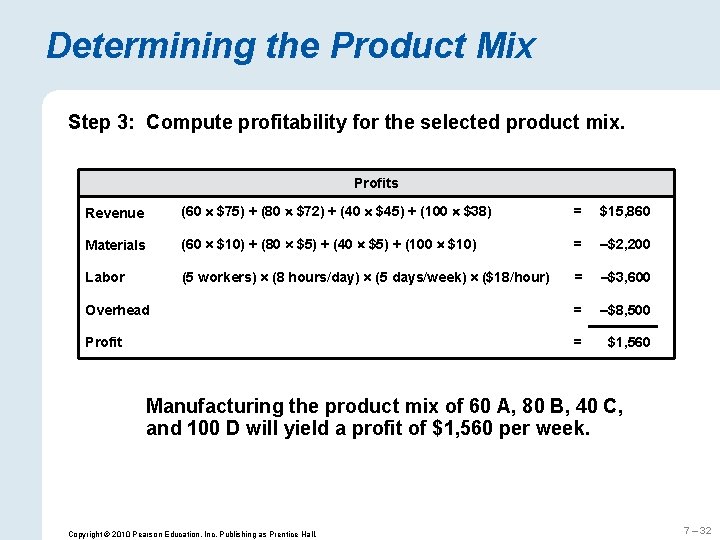 Determining the Product Mix Step 3: Compute profitability for the selected product mix. Profits