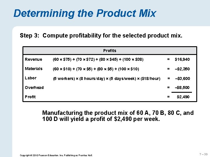 Determining the Product Mix Step 3: Compute profitability for the selected product mix. Profits