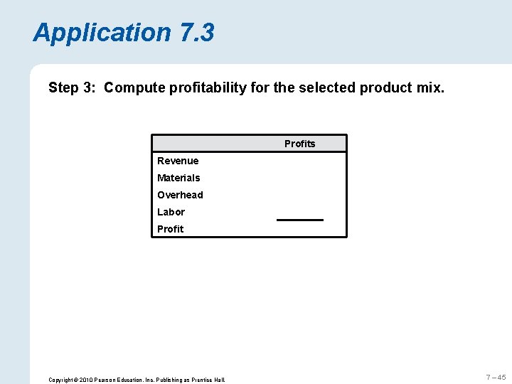 Application 7. 3 Step 3: Compute profitability for the selected product mix. Profits Revenue