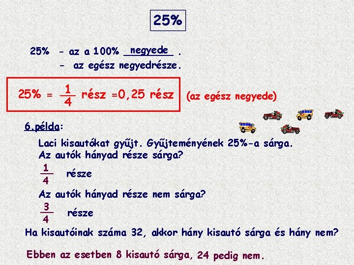 25% negyede. 25% - az a 100% ____ - az egész negyedrésze. 1 rész