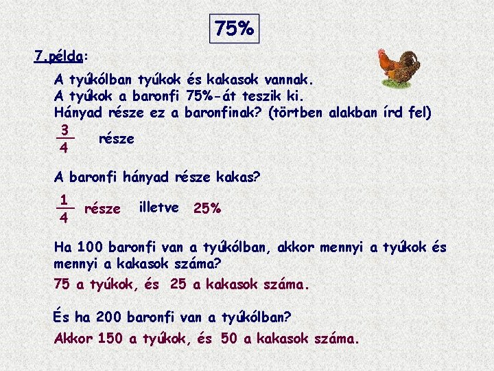 75% 7. példa: A tyúkólban tyúkok és kakasok vannak. A tyúkok a baronfi 75%-át