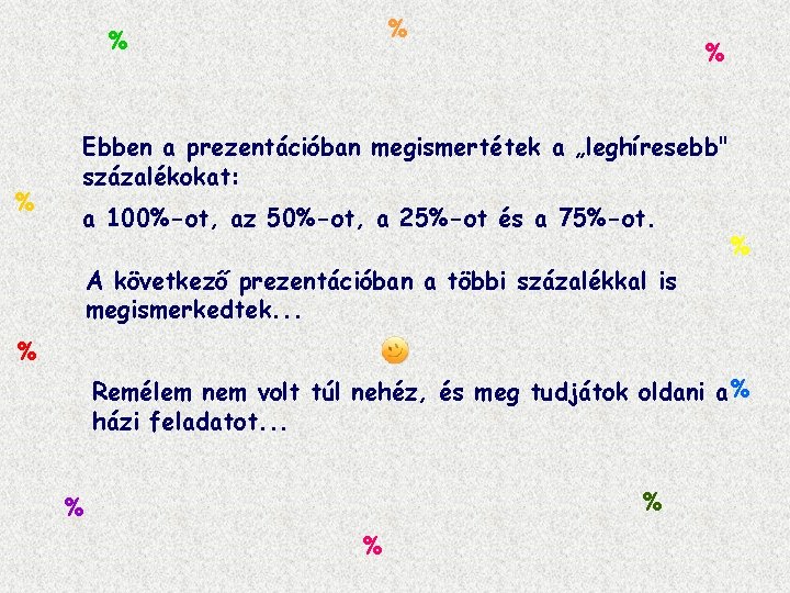 % % Ebben a prezentációban megismertétek a „leghíresebb" százalékokat: a 100%-ot, az 50%-ot, a