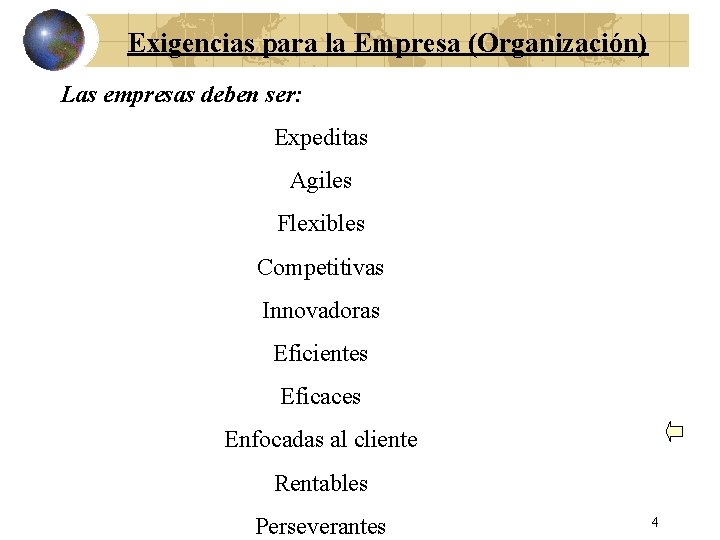 Exigencias para la Empresa (Organización) Las empresas deben ser: Expeditas Agiles Flexibles Competitivas Innovadoras