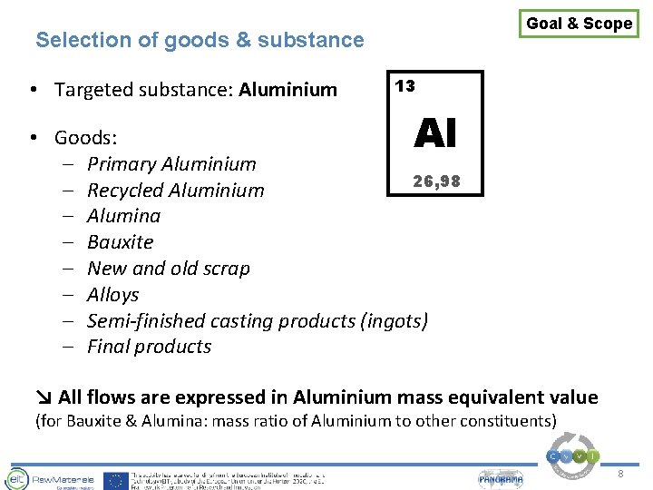 Goal & Scope Selection of goods & substance • Targeted substance: Aluminium 13 Al