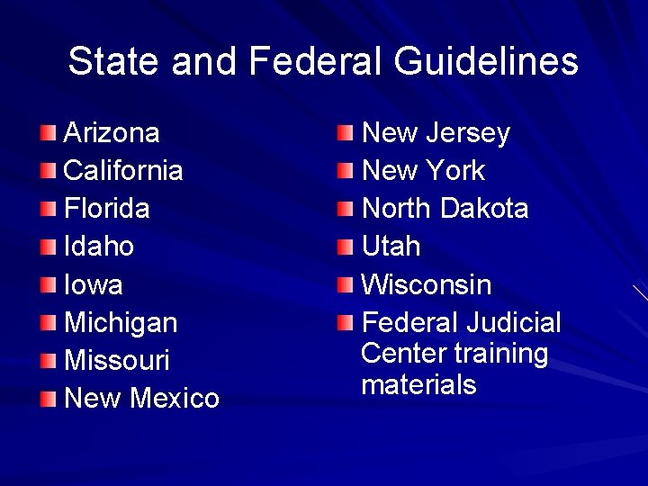 State and Federal Guidelines Arizona California Florida Idaho Iowa Michigan Missouri New Mexico New