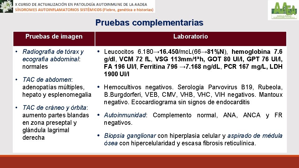 Pruebas complementarias Pruebas de imagen • Radiografía de tórax y ecografía abdominal: normales Laboratorio