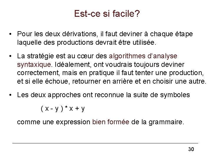 Est-ce si facile? • Pour les deux dérivations, il faut deviner à chaque étape