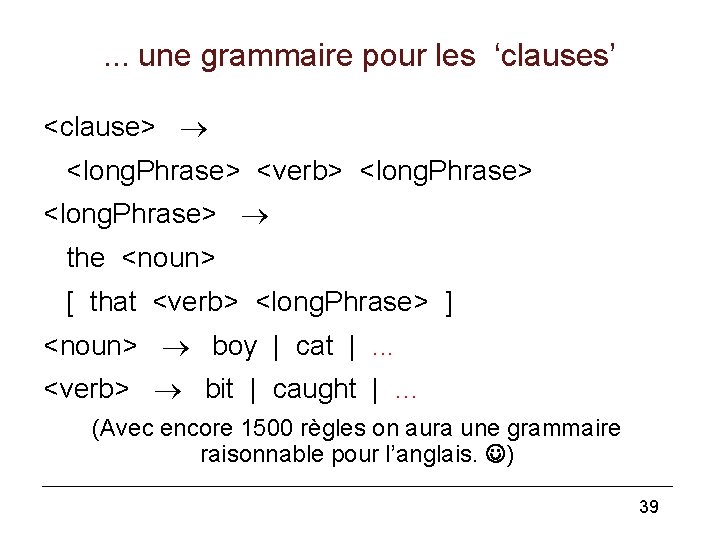 . . . une grammaire pour les ‘clauses’ <clause> <long. Phrase> <verb> <long. Phrase>