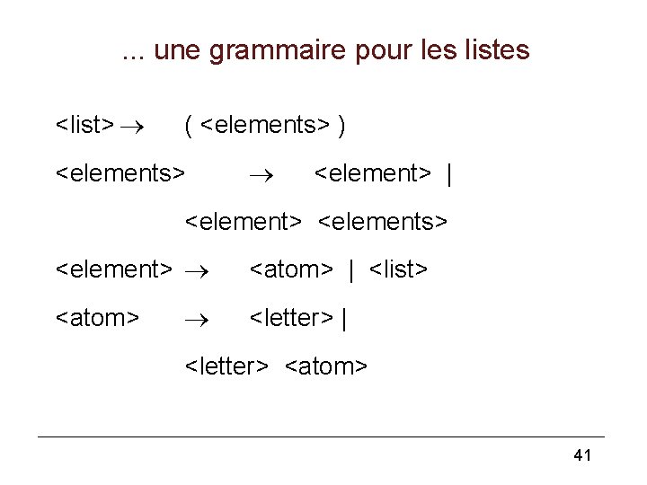 . . . une grammaire pour les listes <list> ( <elements> ) <elements> <element>