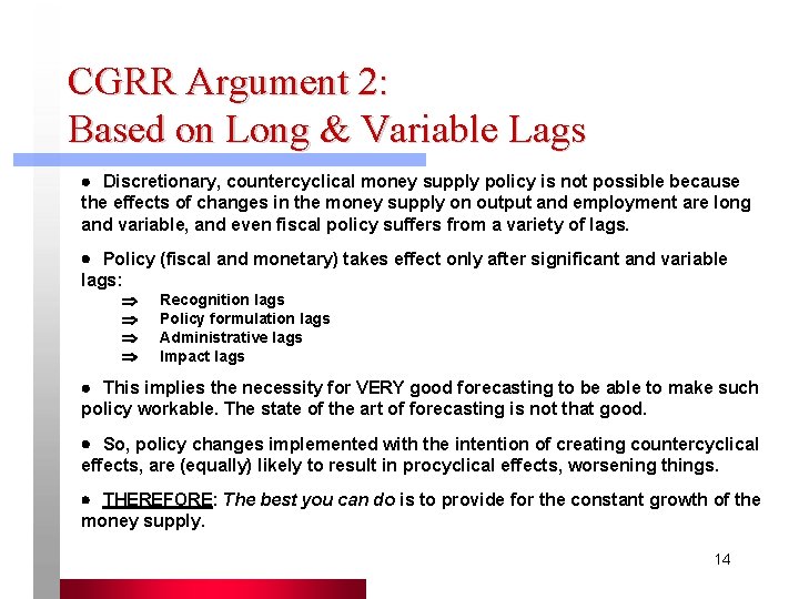 CGRR Argument 2: Based on Long & Variable Lags · Discretionary, countercyclical money supply CGRR Argument 2: Based on Long & Variable Lags · Discretionary, countercyclical money supply