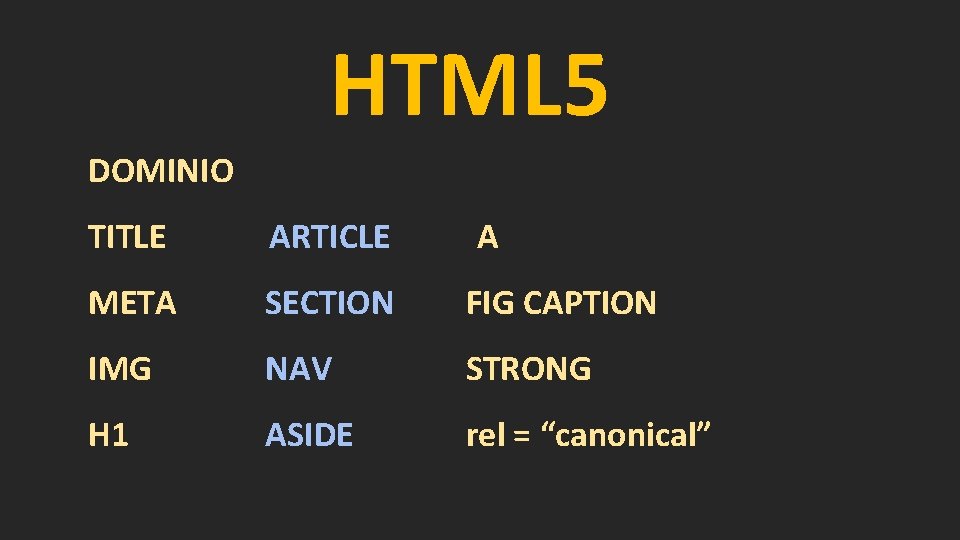 HTML 5 DOMINIO TITLE ARTICLE A META SECTION FIG CAPTION IMG NAV STRONG H