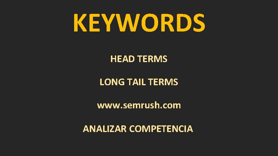 KEYWORDS HEAD TERMS LONG TAIL TERMS www. semrush. com ANALIZAR COMPETENCIA 