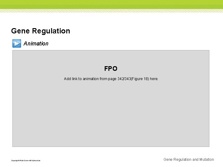 Gene Regulation Animation FPO Add link to animation from page 342/343(Figure 18) here. Copyright Gene Regulation Animation FPO Add link to animation from page 342/343(Figure 18) here. Copyright