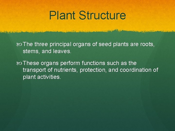 Plant Structure The three principal organs of seed plants are roots, stems, and leaves. Plant Structure The three principal organs of seed plants are roots, stems, and leaves.