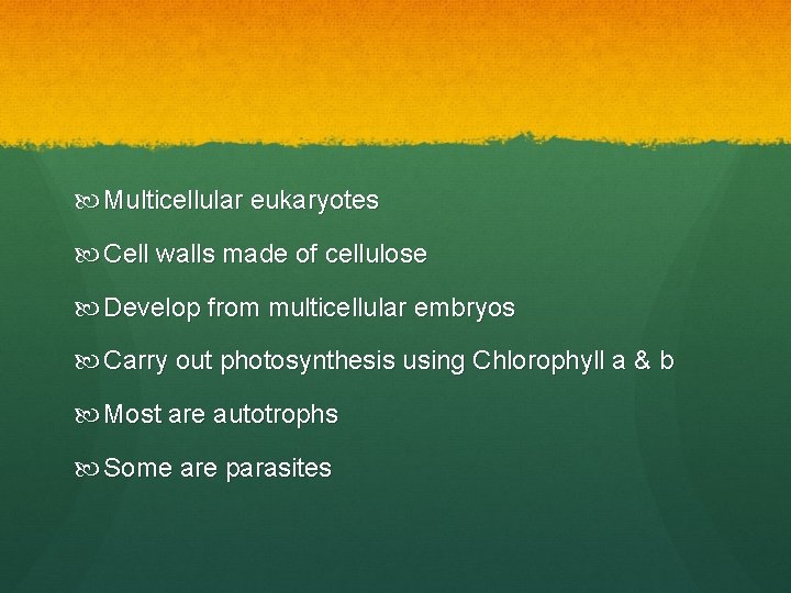  Multicellular eukaryotes Cell walls made of cellulose Develop from multicellular embryos Carry out