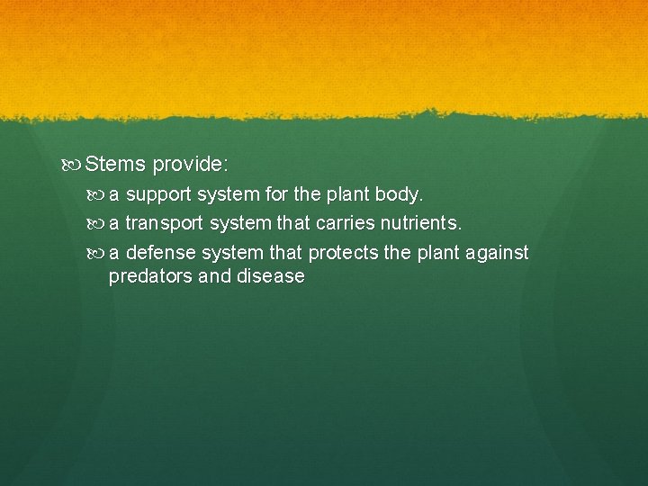 Stems provide: a support system for the plant body. a transport system that Stems provide: a support system for the plant body. a transport system that
