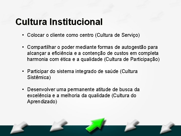 Hospital Geral Dr. Waldemar Alcântara Cultura Institucional • Colocar o cliente como centro (Cultura