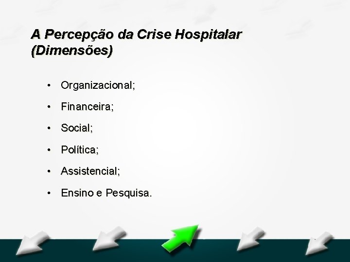 Hospital Geral Dr. Waldemar Alcântara A Percepção da Crise Hospitalar (Dimensões) • Organizacional; •